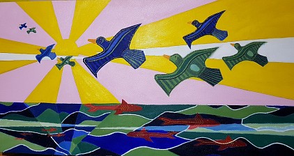 Dangerous Waters. Abstract seascape featuring ducks and sharks.