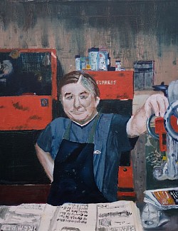 Dave the Cobbler, aka my big brother, in his shop. Oil on canvas for a change.